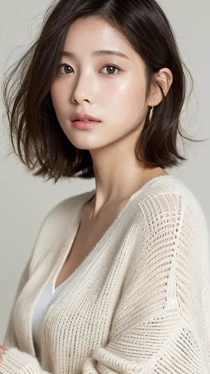 (highest quality、16K resolution)1 girl、solo、natural soft light、small 、Japanese woman、looking at camera、white long sleeve knit cardigan for her、 concrete background with rough eyeliner、in front、standing、Beaver、A late woman 、Light bang、short hair、Salon model...