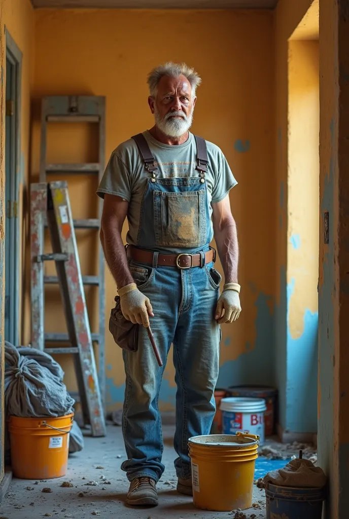 A half picture of a house painter in a house standing and facing front and holding a brush and a bucket of paints