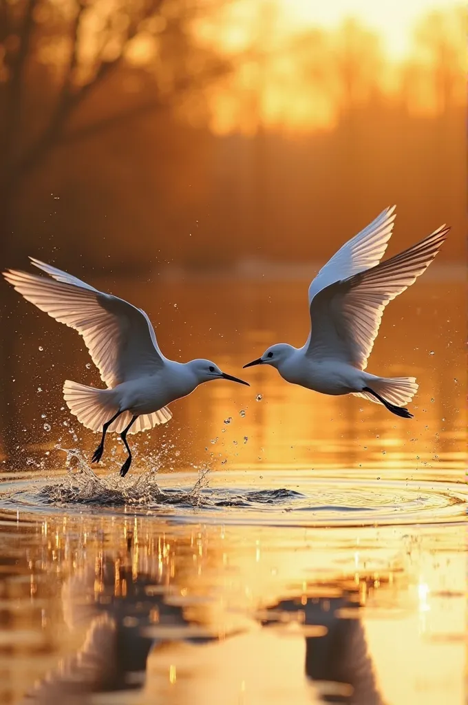 A captivating wildlife photograph featuring two birds in dynamic flight above a reflective water surface at sunset. The background is a beautiful gradient of warm golden and orange tones, creating a serene yet vibrant atmosphere. Water droplets scatter aro...