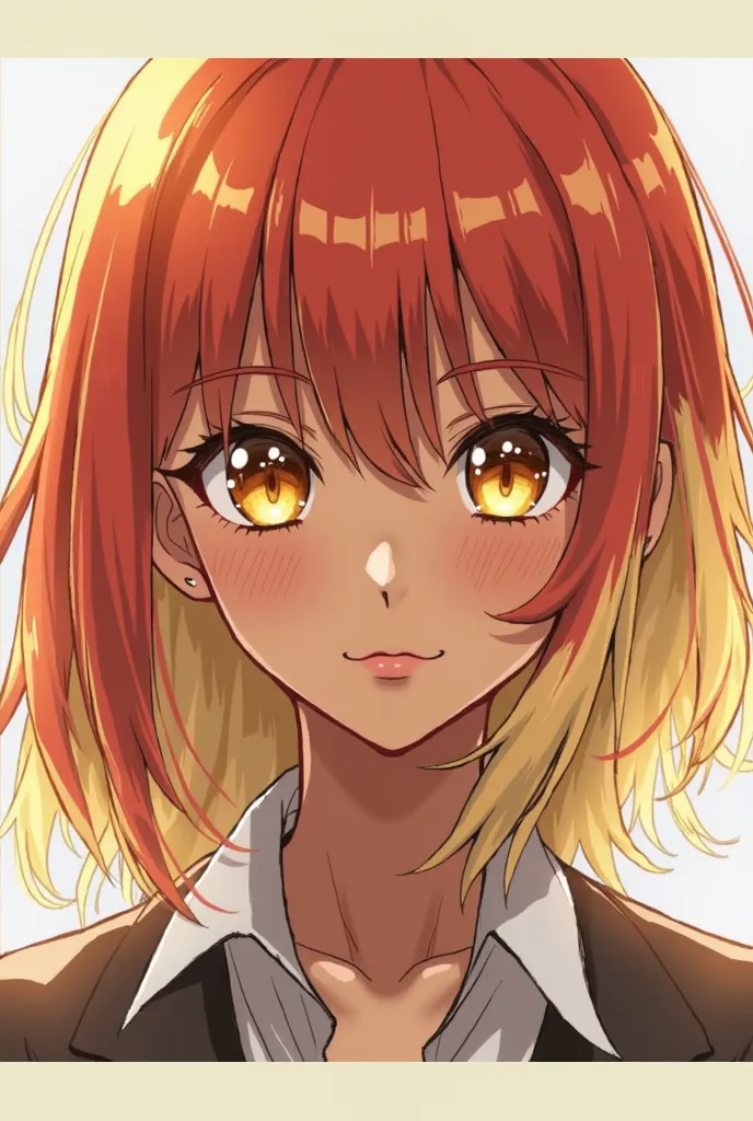 comic panel Boku No Hero : Girl with medium hair, half reddish , darker, seeds, panel with straight fringe above the typical vegan eyebrow fringe, eyes, Half yellowed, honey color, and brown skin, half brunette, And with a sign below the left eye