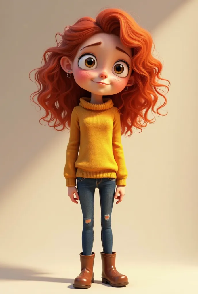 Create a Pixar-style animation of a tall adult girl with curly red hair, freckles, and brown eyes. She has teary eyes, a slouched posture, and a trembling lip. She wears a mustard-yellow sweater, dark blue jeans, and brown boots. The background is soft and...