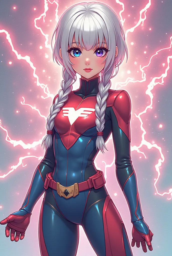 Create a pretty girl with bangs and two braids. white haired .  of fair skin,  pink lips, long eyelashes and eyes of different colors. That he has an eye-catching superhero costume, flamboyant and original . opens I want the illustration to have a style si...