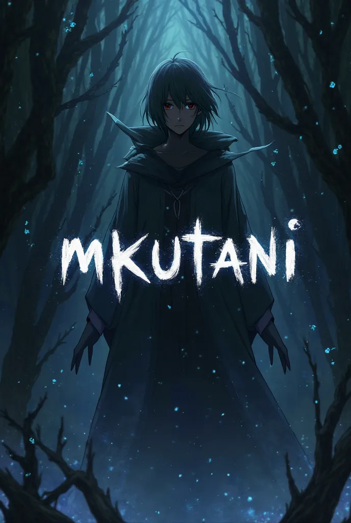 Create a wallpaper that has the name Mkutani in it, anime inspired dark in theme 