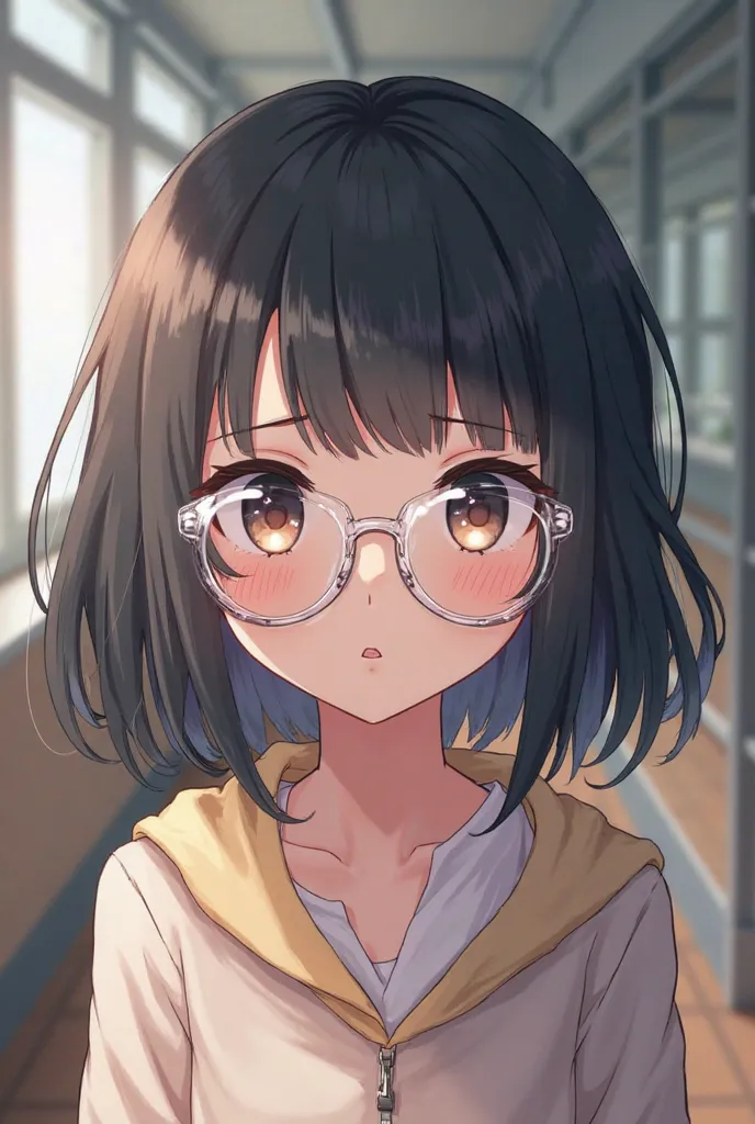 The characteristic is that it has black, slightly long legs, and no bangs, so you can see all of your forehead.
A cute, like high school girl wearing transparent horned glasses