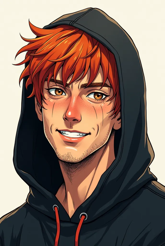 I draw a man like the manga. His face is slightly wide, his hair is slightly red and tends to orange. He wears a black hoodie on his forehead and his hair is a little short. Make his face rough and old, but a young man and his drawing are like the old mang...