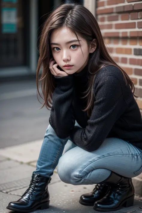 ((best quality; best photography, best detailed, masterpiece)) A Korean-Canadian girl,beautiful face, blue eyes, has brown caramel hair, wearing all black clothes, black jeans, black boots, in the street