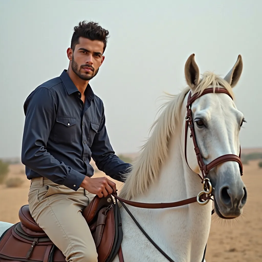 is a handsome Arab young man with a personality wearing a navy shirt and beige pants looking directly at the viewer ,He rides a beautiful white Arabian horse, The horse rises and raises its front legs high , The image is lateral and complete, A close-up