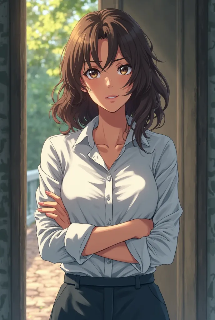  Our character ,  in anime style , Get a serious and confident girl, brunette with brown hair, mature, a woman, Put your arms together at the top in a white shirt and stand nervously on the doorstep