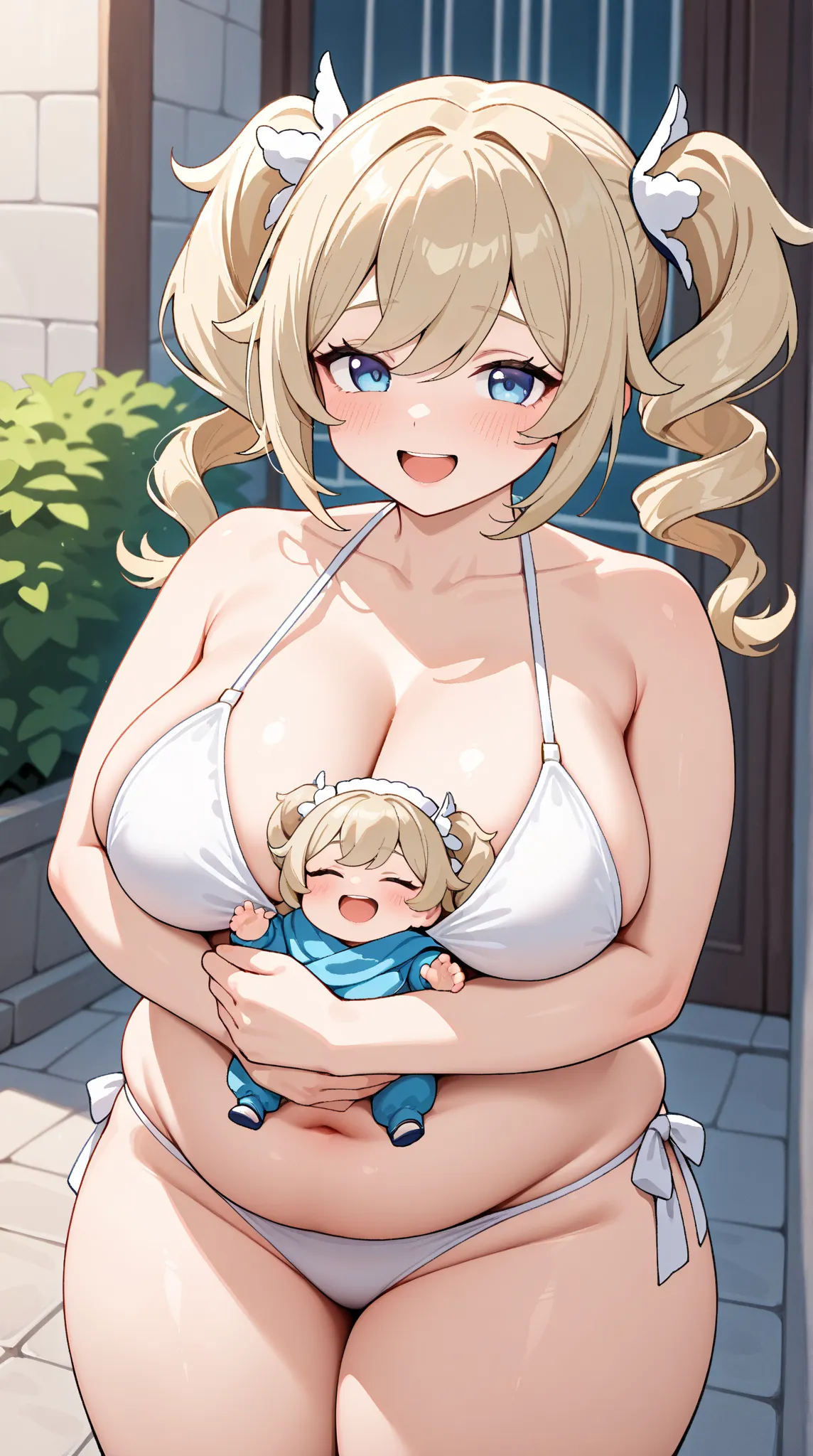  barbara (genshin impact), 1girl, solo, long hair, looking at viewer, blush, laughing, thick thighs, large breasts, blue eyes, blonde hair, twintails, outdoors, cowboy shot, drill hair, twin drills, white bikini,chubby,Chubby belly,big baby girl,holding ba...