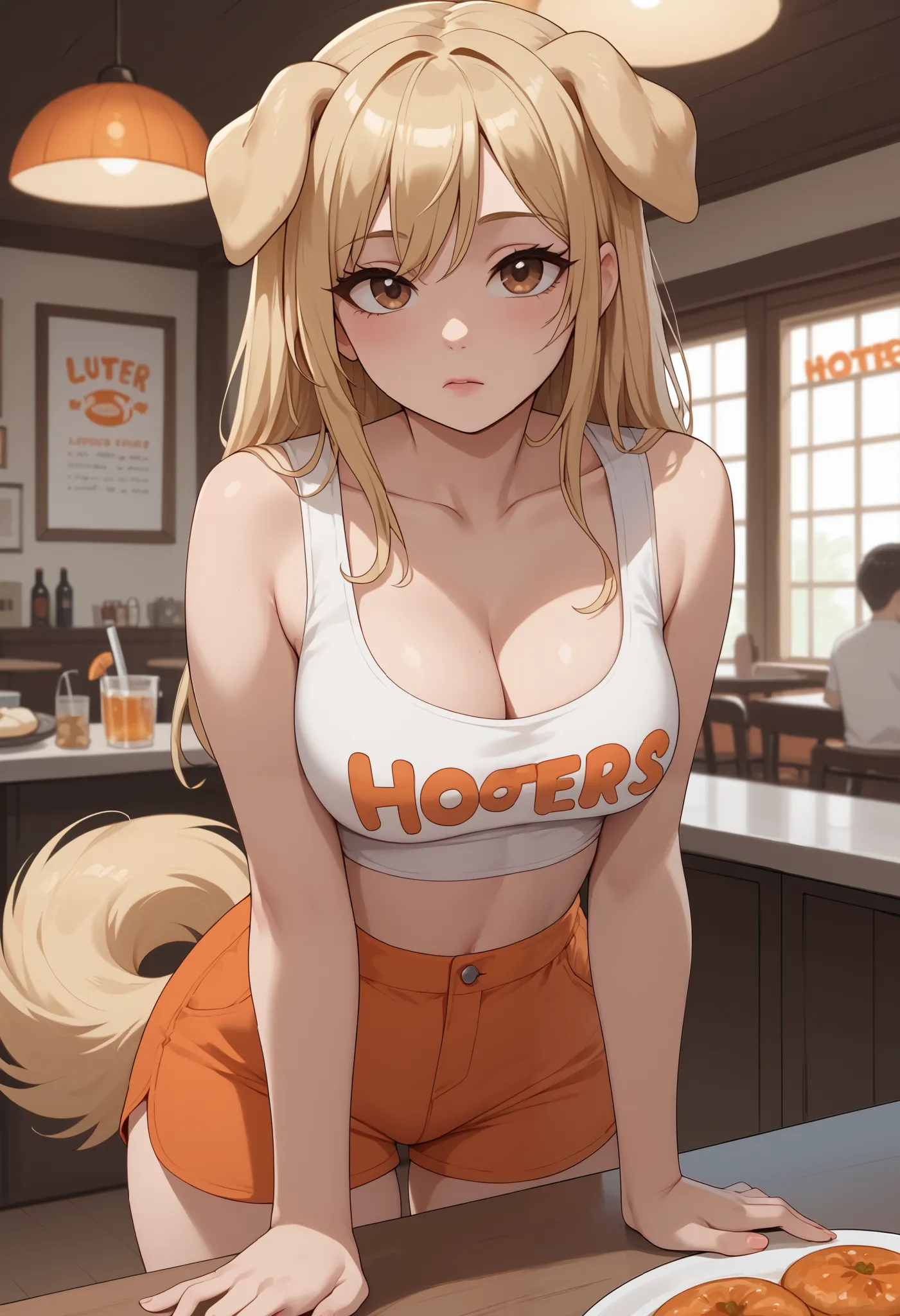 (Masterpiece) (High Detail) (High Res) A short curvy slim Humanoid canine female with pale human skin and brown eyes and long blonde straight hair and fluffy blonde floppy golden retriever doggy canine ears and a long fluffy blonde doggy canine tail and me...