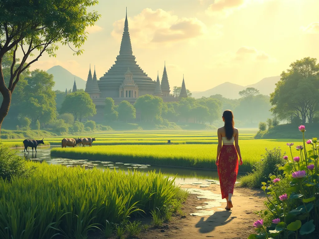 Rice Paddy with khmer Buddhist temple and buffalos and ox and beautiful girl walking along the path near the pond with lotus flower and it's leave