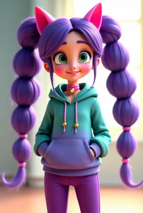 Create a Pixar-style animation of a very tall adult girl with very long purple twin ponytails, pink cat ears, and green eyes. She has a happy expression. She wears a teal-to-purple gradient hoodie, purple pants, and a pink choker with a golden bell. The ba...