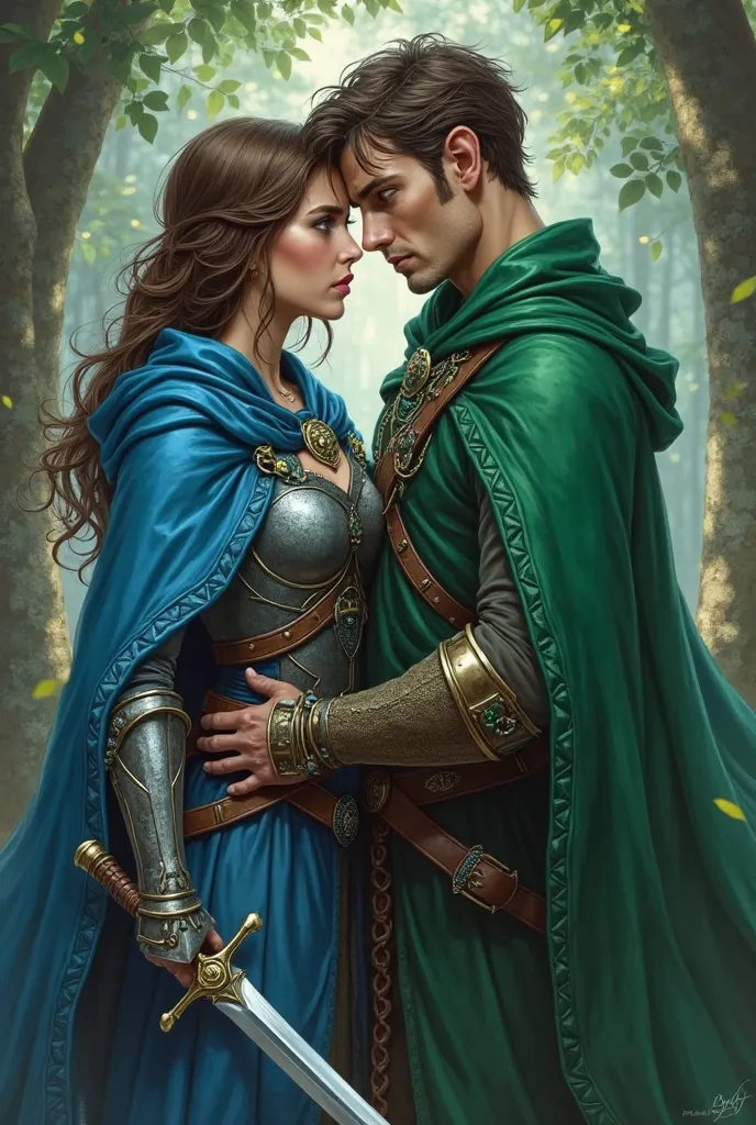 [Obra maestra] Human female woman, blue eyes, beautiful, rogue, blue cloak, quicksilver and moonstone armor, dual daggers; elf man, green sad eyes, mage, green cloak, emerald blackthorn staff, brown short hair, attractive, spell book, both in love