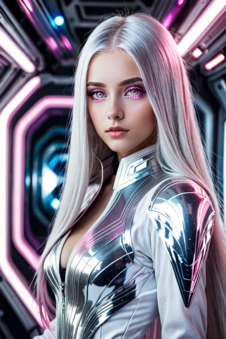 Girl with long straight silver hair with light pink eyes. Dressed in white galactic clothes a little sexy