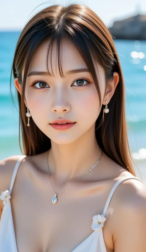 real image like the picture、８ｋ、Aegean Sea、background、gentle and shining eyes、woman with an innocent expression that leaves a girl vibe、light brown hair、straight hair、 blue eyeshadow、Cheek、lipstick、mascara、eyebrow、White swimsuit、Full Body Accessories、 stand...