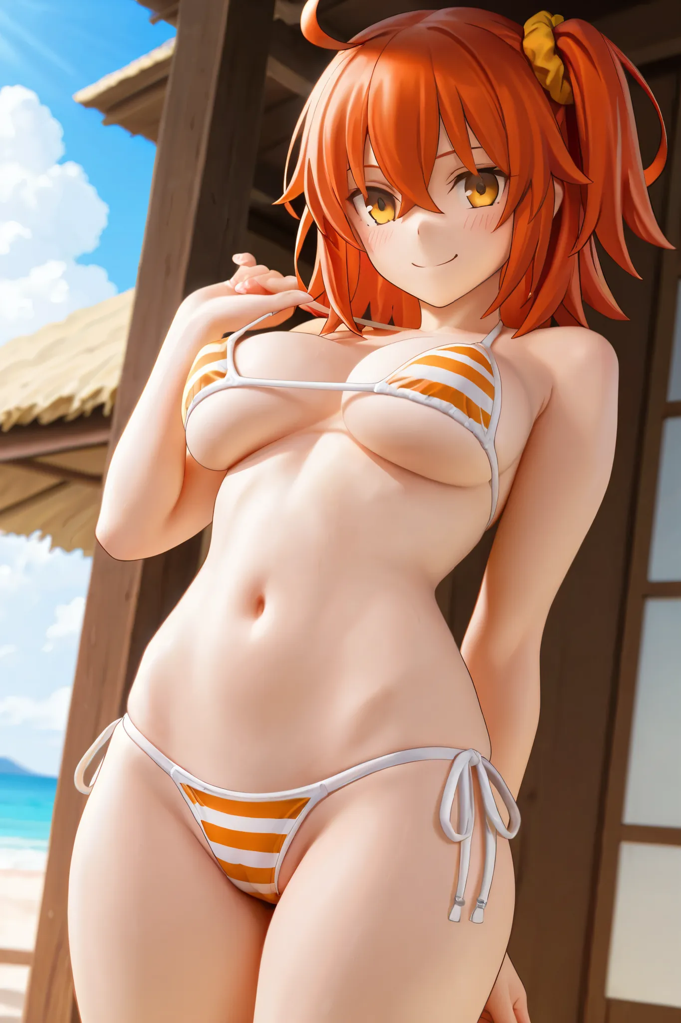 NSFW,masterpiece,highest quality,High Resolution,very detailed,Ritsuka Fujimaru\(Fate/Grand Order),orange hair,striped bikini, Beach House, Smile