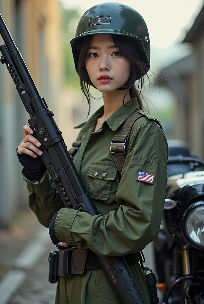 A beautiful young Korean woman 20 years old Wearing an army shirt and wearing shoes and helmet, her hand is holding a long gun,next to a black RX-KING motorcycle 