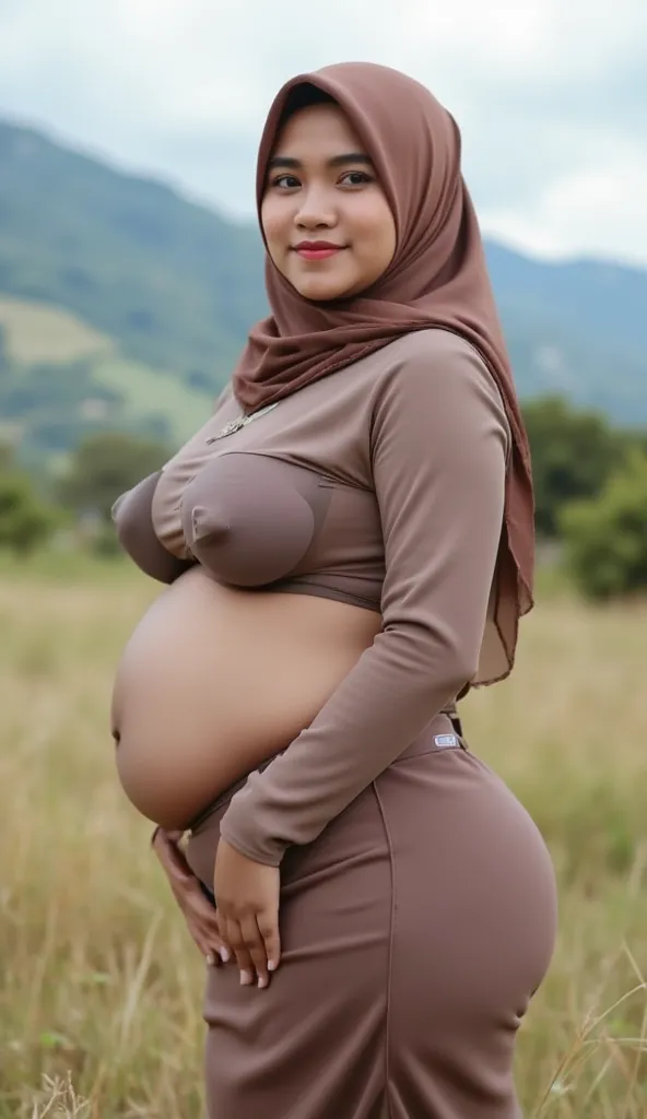 full body portrait photo of a young Javanese woman in a hijab with cup, without clothes .", beautiful_breasts. sexy body, fit body, beautiful butt, big butt, model photoshoot, ((In front of a savannah on a mountain top)), highres, 4k, HDR, 1girl, photoreal...