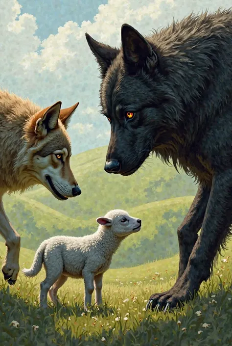 A scared lamb,
A thin and gray wolf,
An imposing shepherd dog,  with angry eyes and dark fur