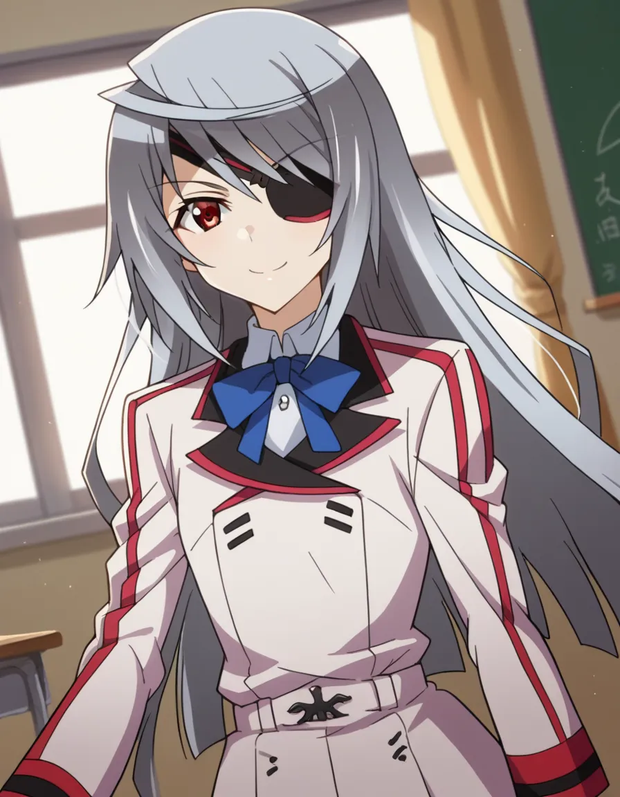 score_9, score_8_up, score_7_up, source_anime,
laurabodewig, laura bodewig, long hair, red eyes, grey hair, eyepatch,
school uniform, ribbon, blue ribbon, long sleeves, red trim, uniform, military uniform, white military uniform,
indoors, classroom, smile,...