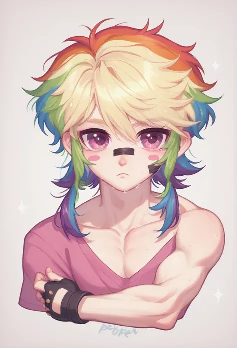 male with wolf ears and a wolf tail, rainbow hair with flowing long locks, has light beard, shirtless, wearing fingerless gloves, wearing worn jeans, is sweaty,muscle,upper body,rainbow clothes,stikers on face,cute modren kpop style,blonde hair on side wit...