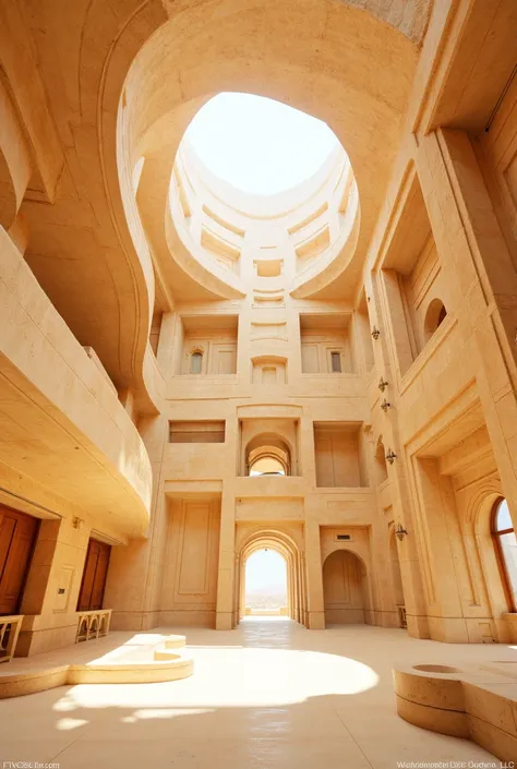 a school inspired by barley grains but with more geometric shapes, highly detailed, photorealistic, 8K, intricate architecture, geometric patterns, clean lines, minimalist design, warm lighting, golden tones, architectural photography, masterpiece