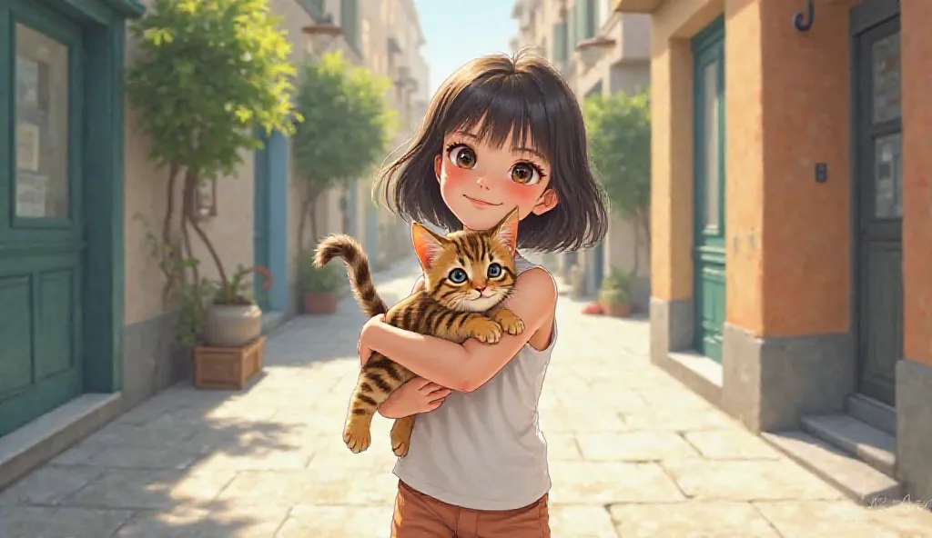 Créer image manga une petite fille cheveux mi-longs t-shirt blanc sans manche porte un petit chaton tigré marche sur un trottoir 