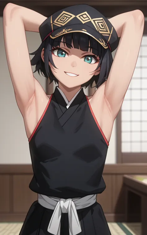 masterpiece, best quality, amazing quality, anime screencap, anime coloring, 1girl, solo, sui-feng, close-up, small breasts, japanese clothes, black kimono, sleeveless, backless, bare shoulders, bare arms, arms behind head, armpits, head towards viewer, lo...