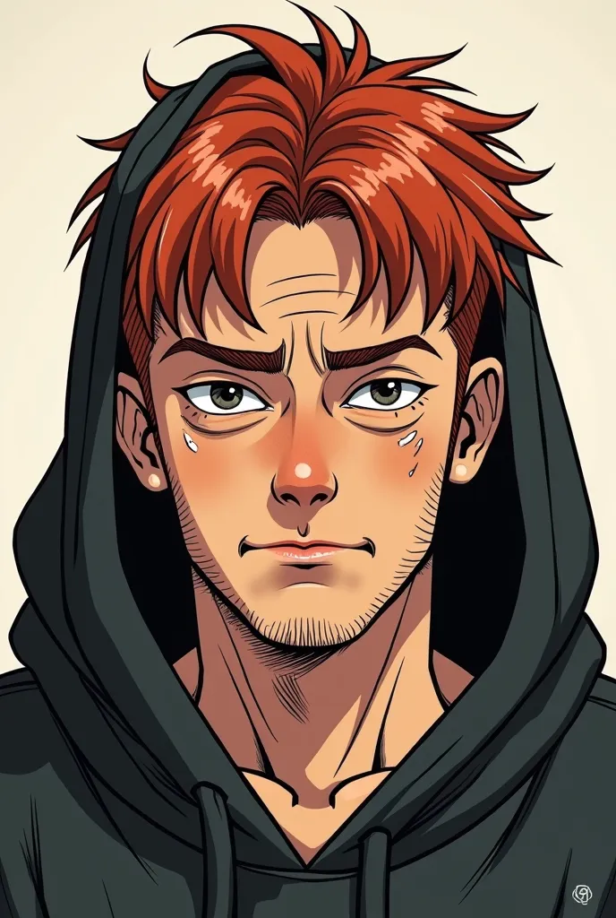 I draw a man like the manga. His face is slightly wide, his hair is slightly red and tends to orange. He wears a black hoodie on his forehead and his hair is a little short. Make his face rough and old, but a young man and his drawing are like the old mang...