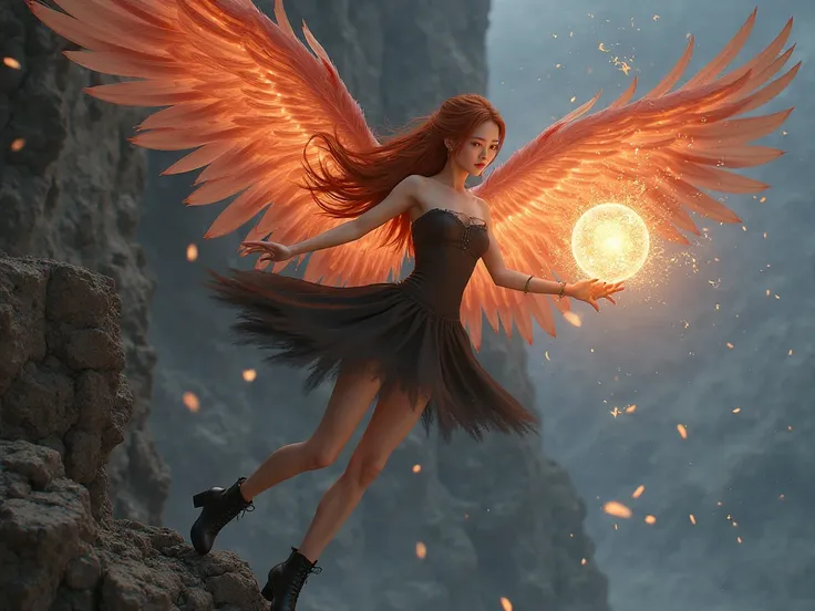 a realistic korean fae with huge light red feather wings and long ginger hair, parted bangs, wearing a black short dress and black heels boots. she is flying over a cliff. She is making a fire ball, night background