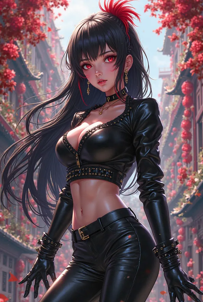 Anime cartoon 19 year old girl, black hair with a red tuft, black belly button blouse,  black leather pants, botas tacon negro 