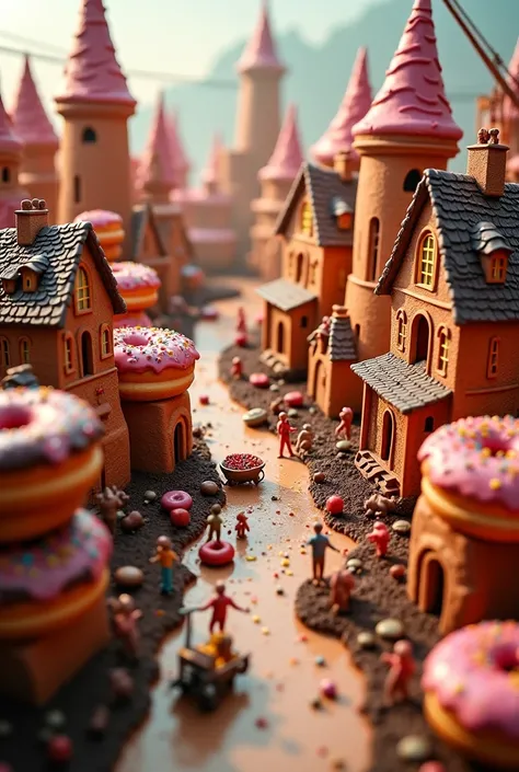 *"A whimsical town made entirely of donuts, with chocolate-glazed roads, candy-coated buildings, and jelly-filled skyscrapers. Tiny workers are using cranes to drizzle frosting onto rooftops, while others carry sprinkles in wheelbarrows. A river of molten ...