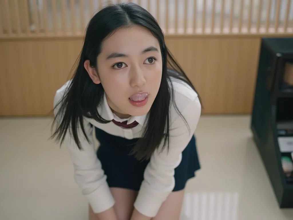 master piece,high resolution photo,cinematic,one japanese girl, high school student,wearing school uniform,pleated miniskirt,in classroom,kneeling on floor,(open her mouth widely:1.5),both hands below her chin,some milky slime on her tongue,upward glance,s...