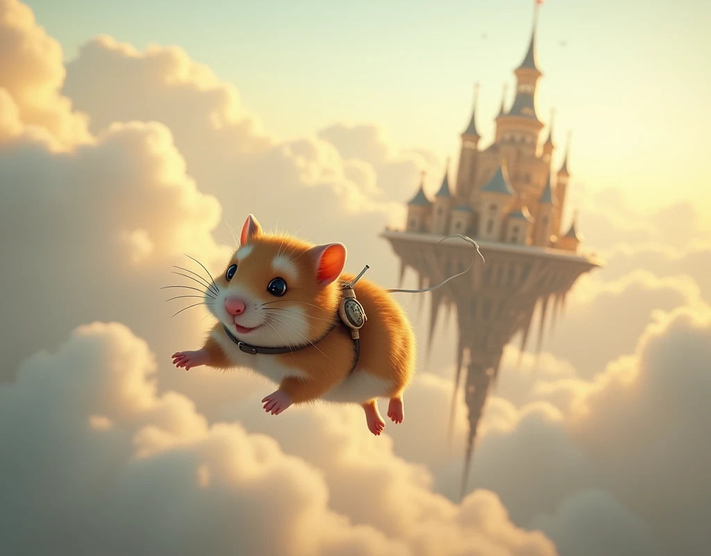 masterpiece, best quality, photorealistic, realistic, photography, A hamster flying to a floating city with a propeller