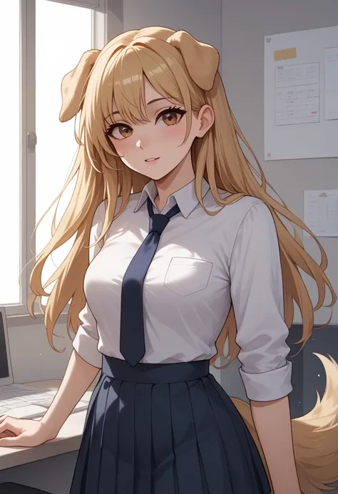 (Masterpiece) (High Detail) (High Res) A short curvy slim Humanoid canine female with pale human skin and brown eyes and long blonde straight hair and fluffy blonde floppy golden retriever doggy canine ears and a long fluffy blonde doggy canine tail and me...