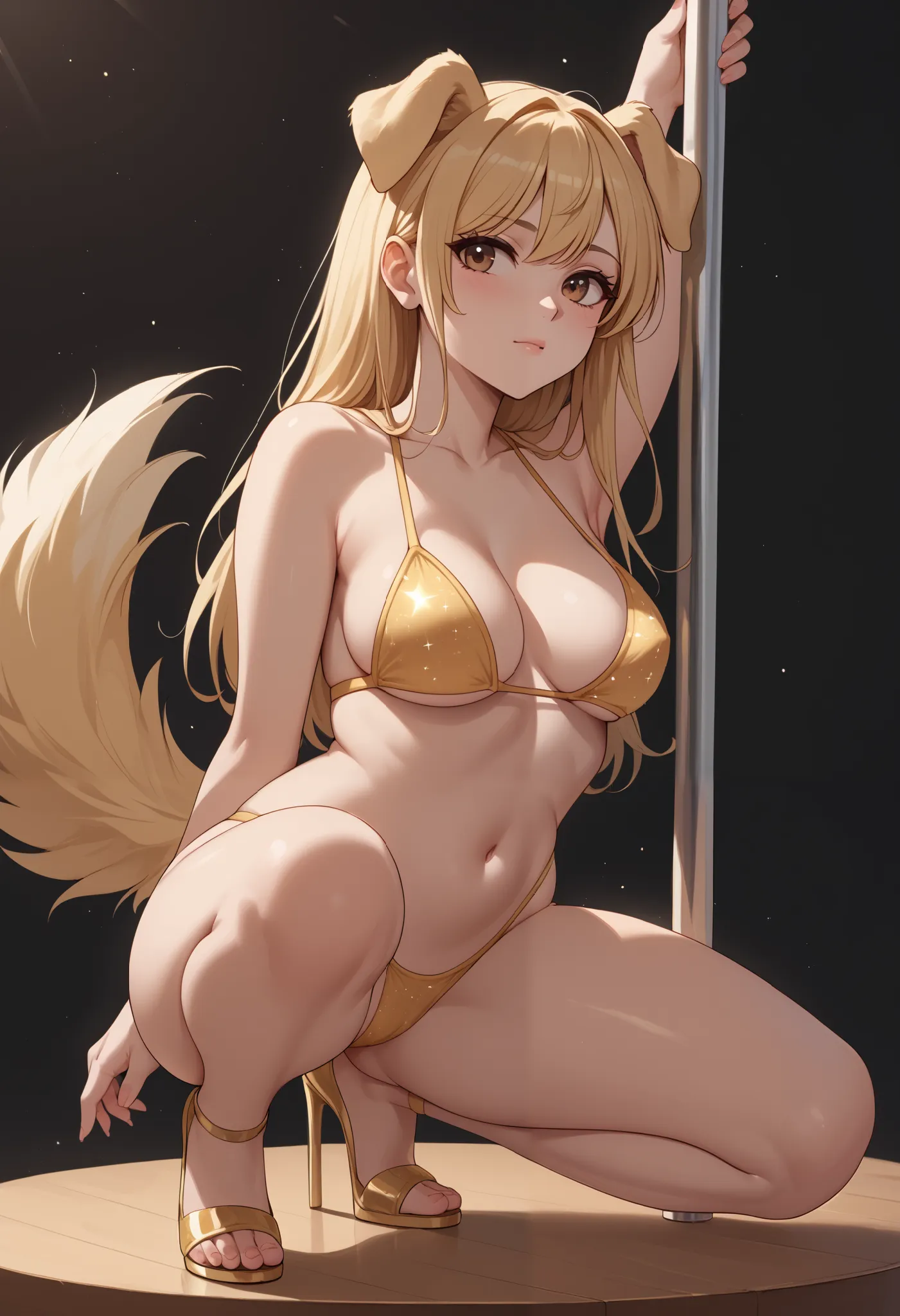 (Masterpiece) (High Detail) (High Res) A short curvy slim Humanoid canine female with pale human skin and brown eyes and long blonde straight hair and fluffy blonde floppy golden retriever doggy canine ears and a long fluffy blonde doggy canine tail and me...