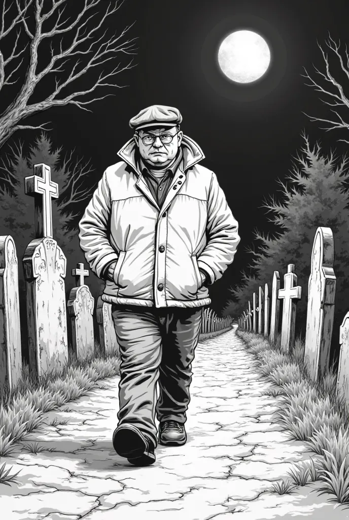 Black and white line drawing 1950s comic strip style of a rather fat man of 40 years old walking at night throug an old cemetery, he is afraid,wears glasses, a winter jacket and a flat cap, full moon in the sky.