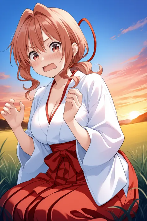 masterpiece, best quality, 1girl, solo, amagamiyuna, hair intakes, long hair, sidelocks, low ponytail, hair ribbon, white kimono, red hakama skirt, wide sleeves, surprised, open mouth, blush, wavy mouth, hands up, sitting, on ground, grass, field, blue sky...