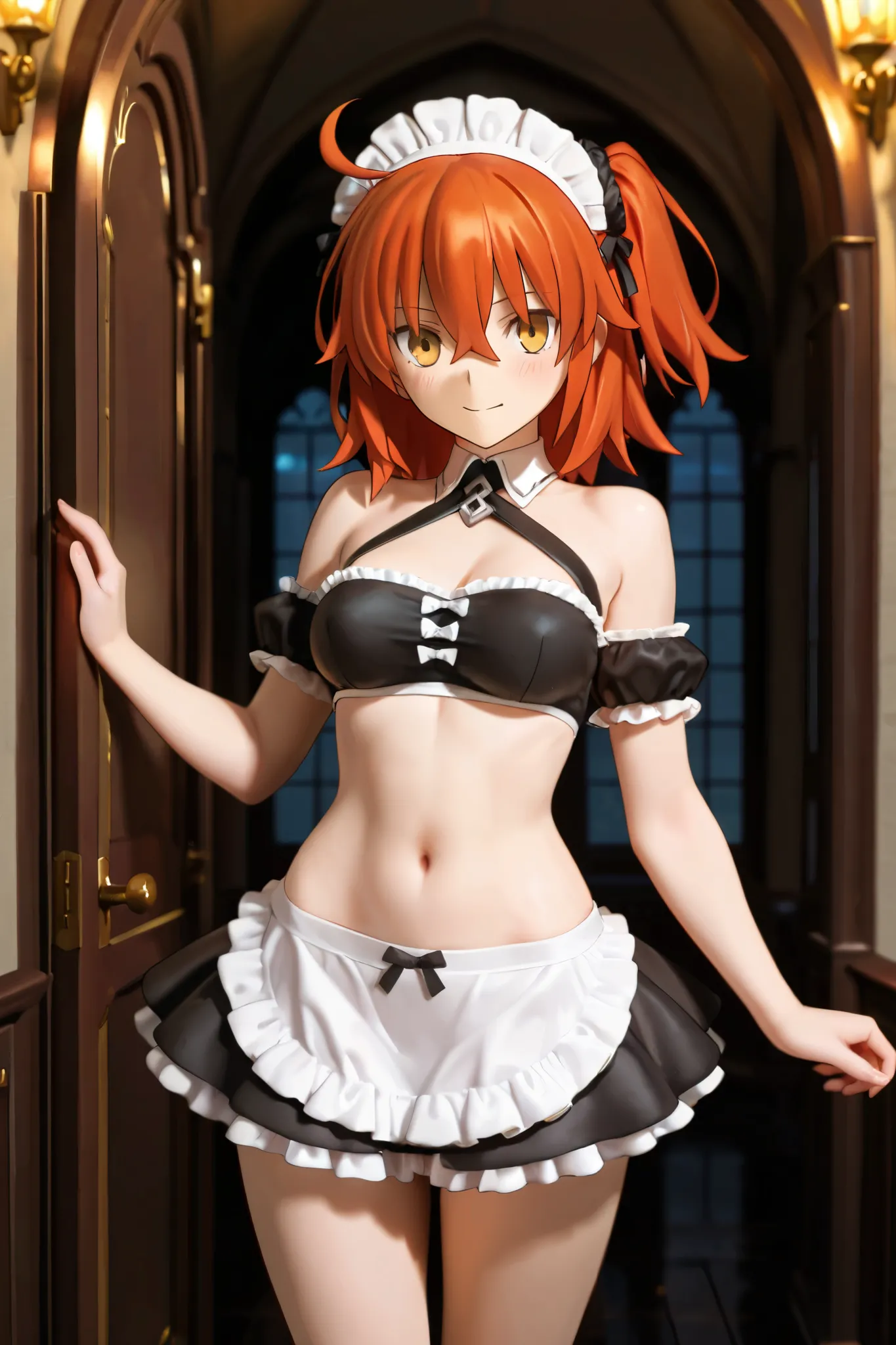 NSFW,masterpiece,highest quality,High Resolution,very detailed,Ritsuka Fujimaru\(Fate/Grand Order),orange hair,maid clothes,crop top,miniskirt, luxury mansion