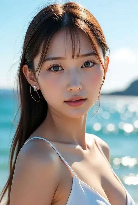 A highly realistic8K image of the Aegean Sea as the backdrop, featuring a young woman with an innocent, youthful expression and gentle, radiant eyes. She has bright brown, straight hair, complemented by blue eyeshadow, blush, lipstick, mascara, and well-de...