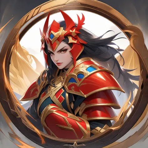 A powerful and legendary warrior avatar designed for a circular format, inspired by Rise of Kingdoms. The character has a strong, battle-hardened appearance with detailed golden and red armor, a heroic stance, and a commanding presence. The perspective is ...