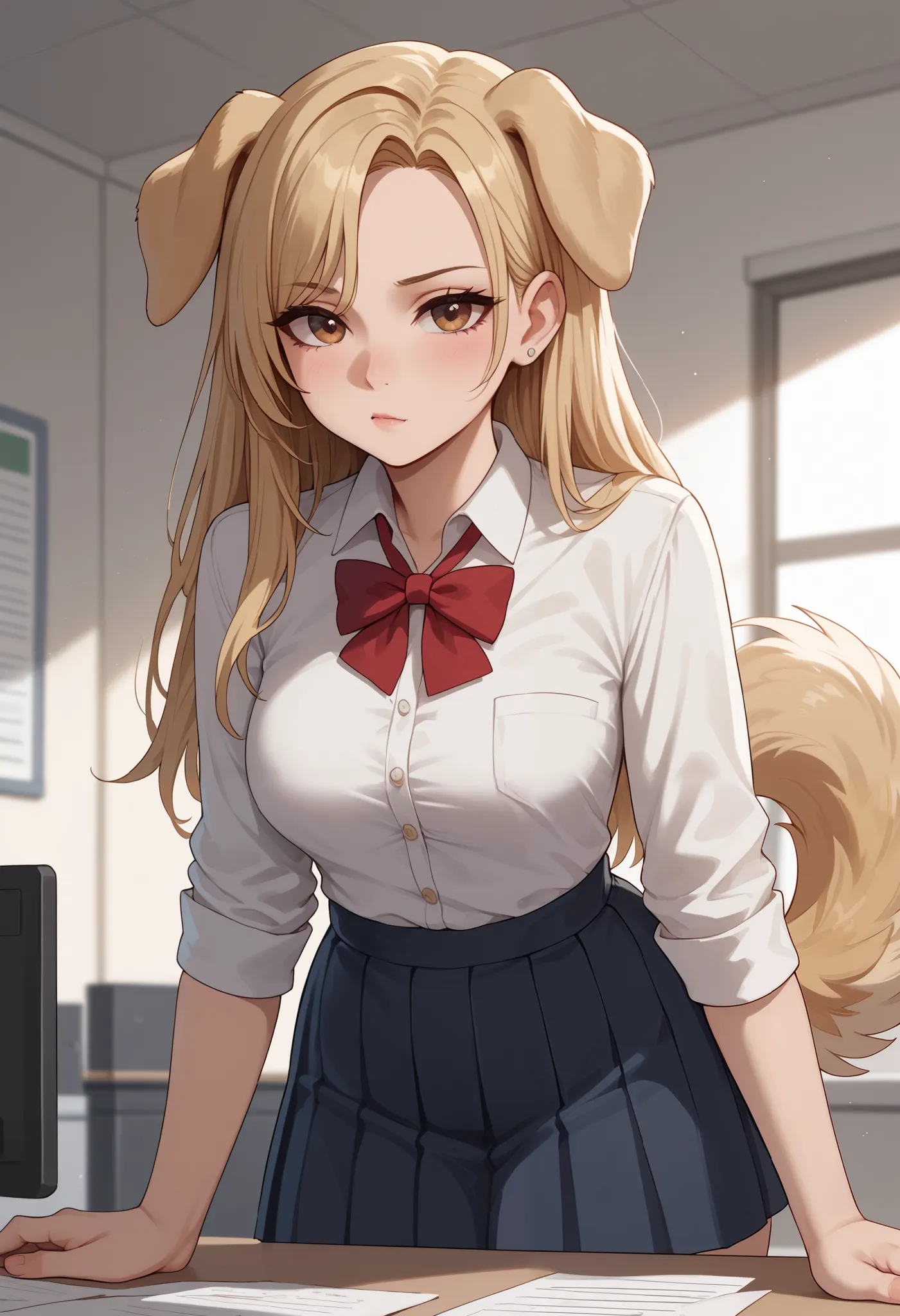 (Masterpiece) (High Detail) (High Res) A short curvy slim Humanoid canine female with pale human skin and brown eyes and long blonde straight hair and fluffy blonde floppy golden retriever doggy canine ears and a long fluffy blonde doggy canine tail and me...