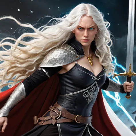 beautiful woman, human, albina with wavy and long white hair,  golden eyes,  unparalleled beauty .  black clothes, murderer, two swords, Ice rays, rpg, latin, full body,  golden eyes, medieval, photorealism. yellow eyes. 
Fight against , close combat, rage...