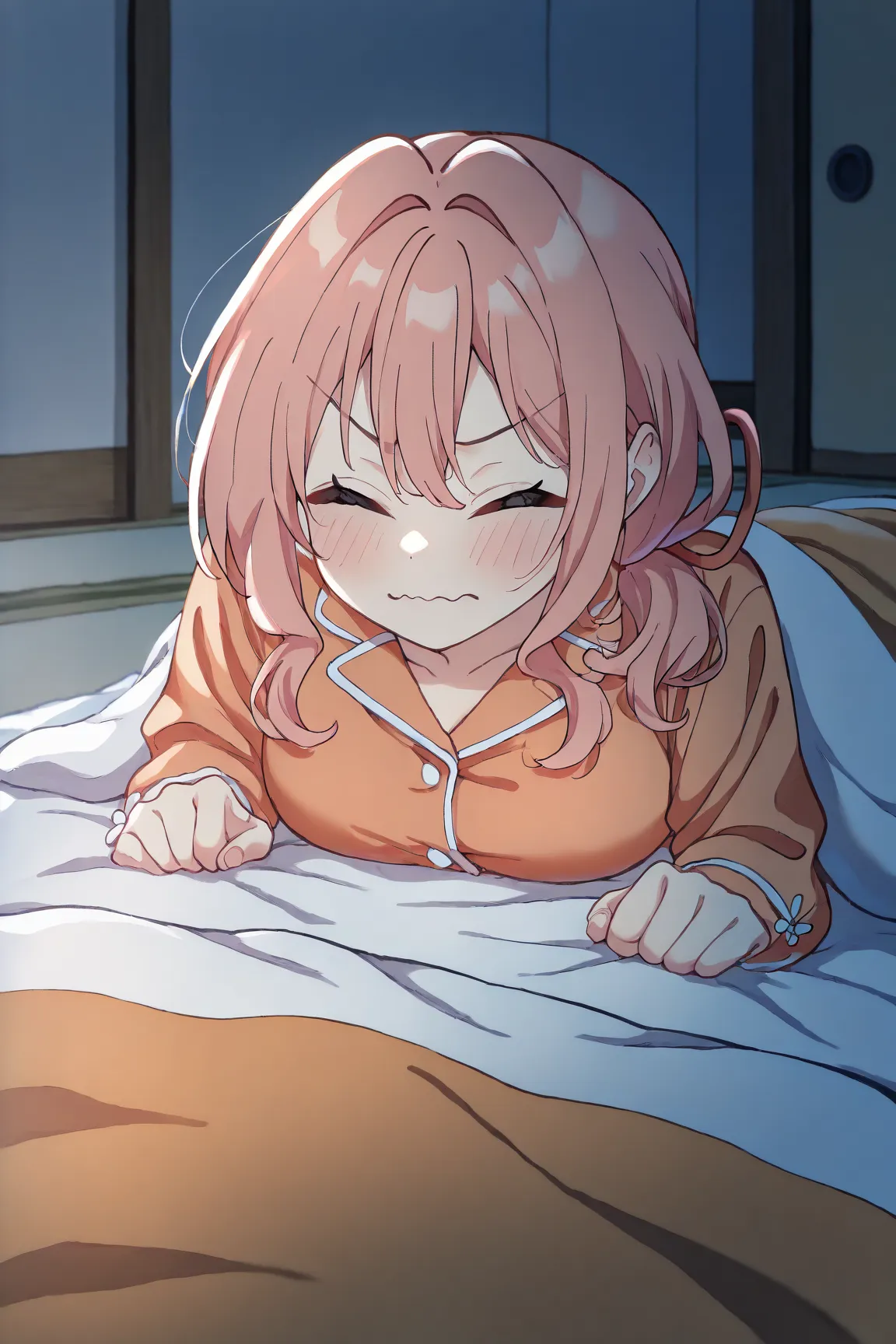 masterpiece, best quality, newest, absurdres, highres, 1girl, solo, amagamiyuna, hair intakes, long hair, sidelocks, low ponytail, hair ribbon, medium breasts, orange pajamas, futon, under covers, closed eyes, wavy mouth, blush, lying, wide shot, living ro...