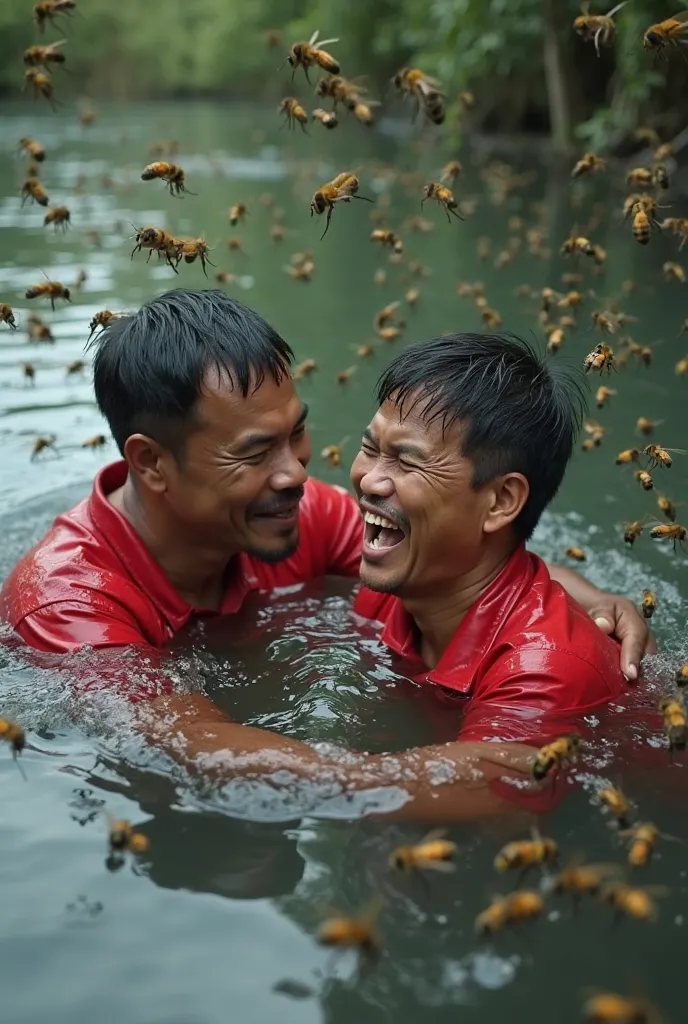 Two Indonesian men in red shirts, drowned in the water,Crowds of killer bees sting them in the water,Facial expression of Fear and pain,Very realistic, finest details, very natural, cinematic