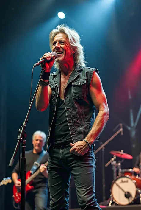 Rock singer sounding his guitar with Mic on the pedestal or in his hand singing in the background other musicians beards because he looks very similar to a well-known rocker Jon Bon Jovi sitting very close to his face the image his band is part of it with ...