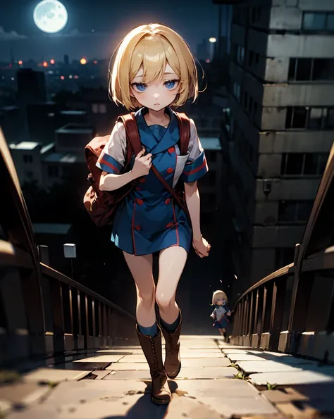 blond bob hair blue eyed girl from a distance、hair between their eyes、navy blue nurse costume、wearing military boots、backpack、night、 moonlight 、Ruined City、Walking、depth of field、 petite and slender body、by, full body、 tired face、Tired eyes、There is a kuma...