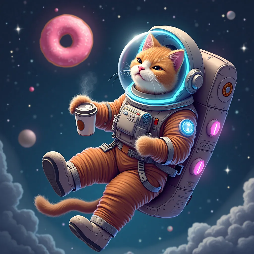 "An astronaut cat floating in space, wearing a transparent helmet reflecting the stars. He wears a futuristic suit with neon lights and holds a cup of coffee while observing a donut-shaped planet in the distance. His expression is one of total tranquility,...