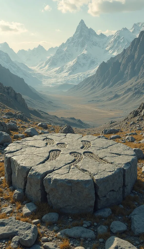 Altar made of rough stones with footprints engraved on each brick.