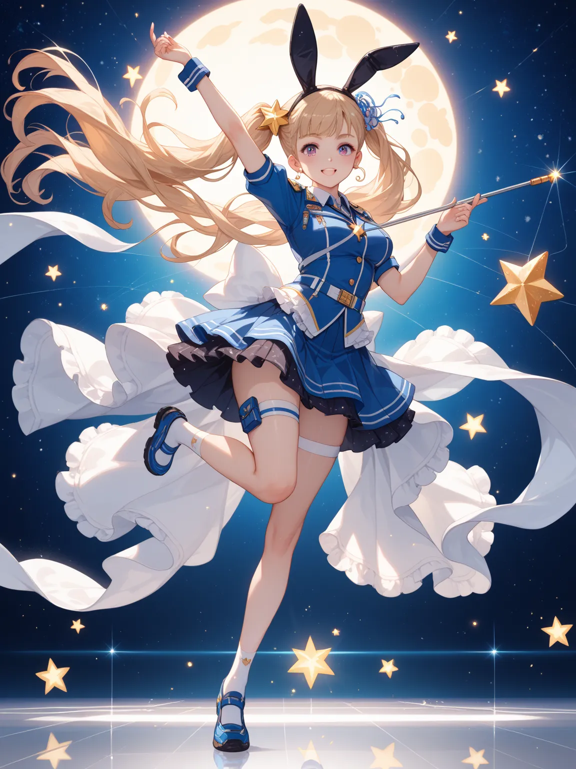 Tsukino Rabbit Ballet rotates on one leg, dynamic，The magic wand draws out a gradient color light waves to form a heart-shaped silhouette，Improved combat uniform using pearlescent gradient fabric with hard yarn skirt support，hair ornament, the crescent moo...